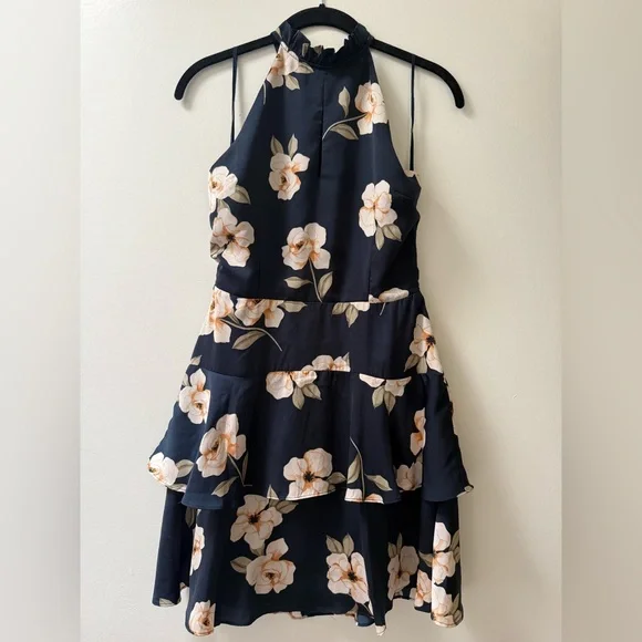 BB Dakota Navy Floral Halter Tiered Dress - Picture 1 of 6